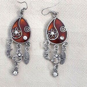 Celestial silver tone 2" drop earrings neutral tones enamel moon floral